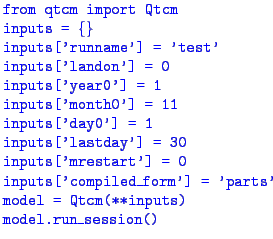 $\textstyle \parbox{70ex}{\footnotesize{%
\textcolor{blue}{\texttt{%
from qtcm ...
...led\_form'] = 'parts' \\
model = Qtcm(**inputs) \\
model.run\_session()}}
}}$